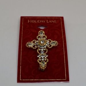Holiday Lane Gold Tone Crystal Cross Pin